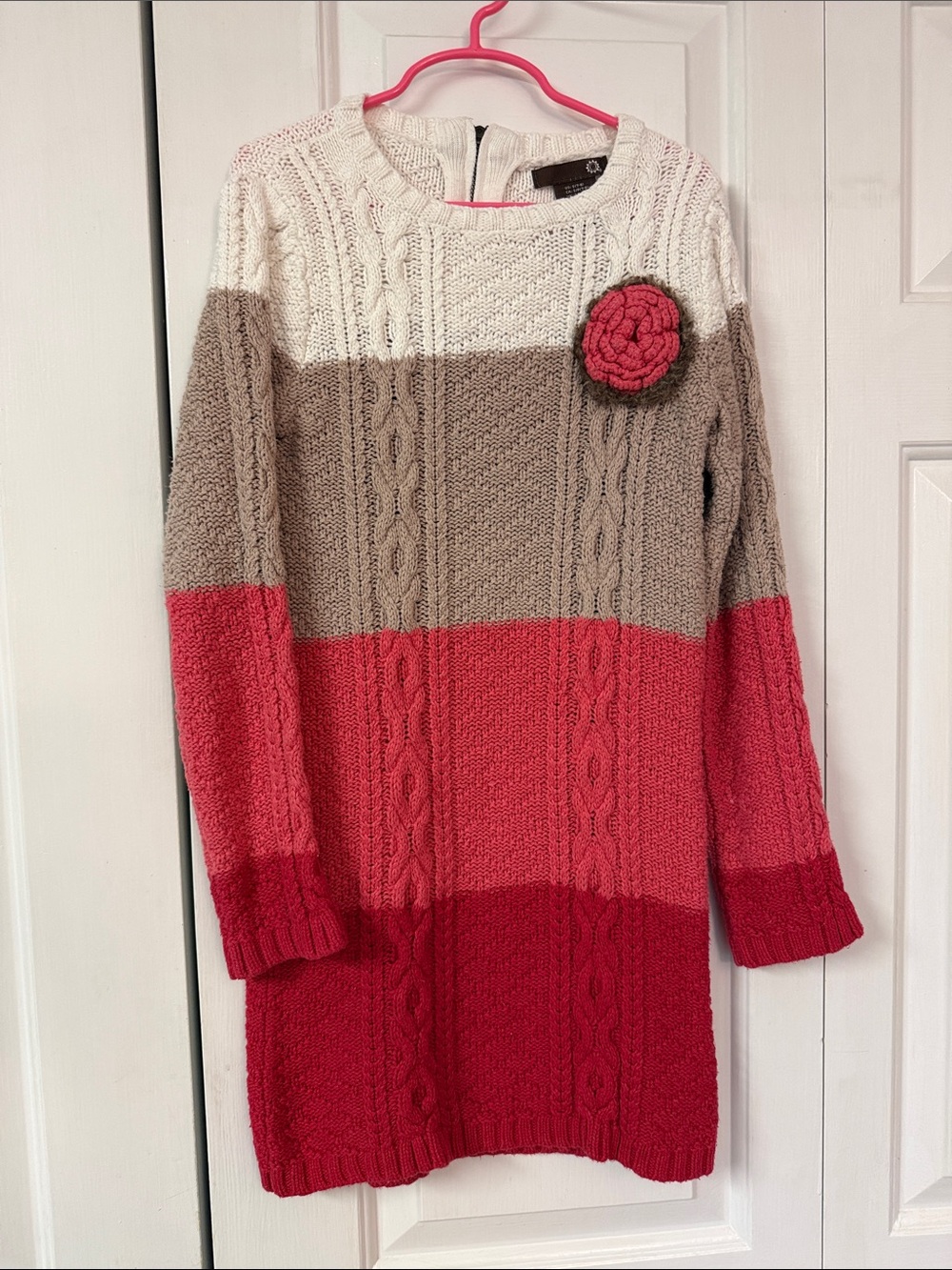 Striped Cable-Knit Sweater Dress with Flower Pin - Cream, Taupe, Coral, Red